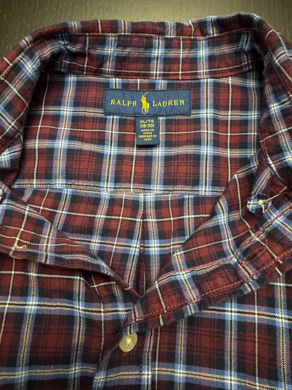 Ralph Lauren Boys XL Burgundy and Blue Plaid Button-Down Shirt
